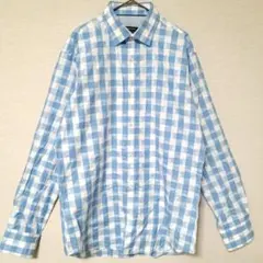 Raffi ピュアリネン長袖シャツ(M)ブロックチェック ブルー&グレー 