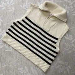 WEGOウィゴーハーフジップニットベスト　ボーダー柄　オフホワイト×黒　古着