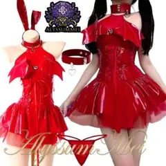 セクシーエナメル小悪魔バニーガールコスプレ衣装赤サキュバスボディスーツハロウィン