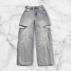 グレイルスリットデニムワイドパンツ [cu420] Sサイズ ブルーカットアウト