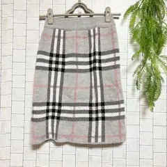 チェック柄ニットひざ丈タイトスカート フェミニン 秋冬 古着 ウエストゴム