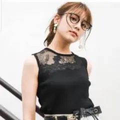 【美品】Andemiu　ノースリーブ　ニット　刺繍　レース　リブ