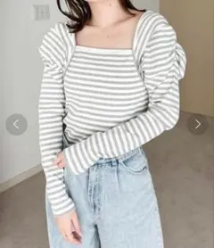 10【 Heather】 ヘザー AZATOボーダーカットソー リブ グレー