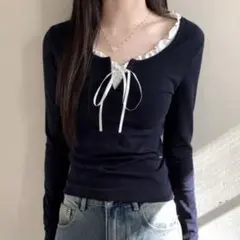 レディース トップス フリル付き リボン付き ネイビー