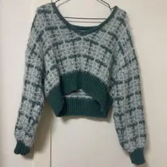チェック柄 クロップドニット M グリーン