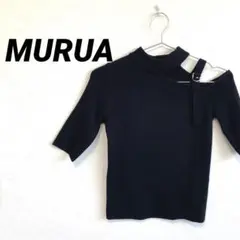 ムールア 美品 デコルテカット ワンショルハーフ クルーネック 黒 F タイト