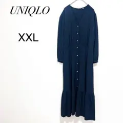 【ユニクロ】レーヨン100% ロングフレアワンピース 黒 XXL ティアード