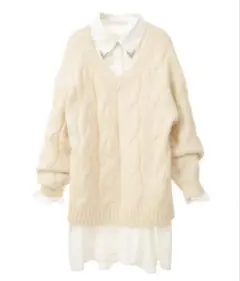 アイボリー ケーブルニットセットシャツワンピース