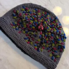 カラフル刺繍のグレーのニット帽