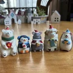 ミニチュア動物　クリスマス　オーナメント5個セット　アニマルマスコットＡセット