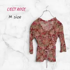 総花柄 シアーカットソー 七分袖【フェミニン】M リボン付き レストローズのサムネイル