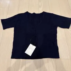 新品タグ付 透かし編み Vネック 半袖ニット ネイビー