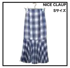 ナイスクラップ　切り替えロングスカート　チェック柄　ブルー　プリーツ　S