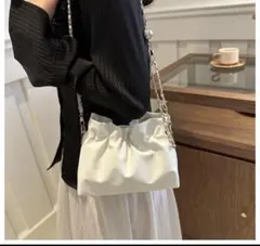 ホワイト ギャザー ショルダーバッグ小さいバックカジュアル2way