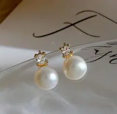 SALE パール ダイヤ イヤリング 1粒 ステンレス 痛くない ゴールド