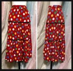 ꒰伊太利屋꒱ドット柄 ロング ティアード スカート 春夏 朱色 赤 夢可愛い