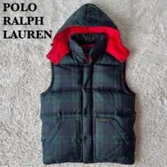 【美品】ポロラルフローレン ダウンベスト 緑×紺 タータンチェック フード付