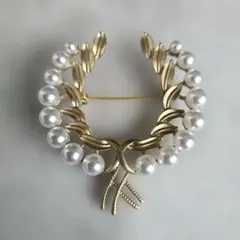 コスチュームジュエリー　パール　ブローチ　ま5　帯留　アンティーク　ゴールド