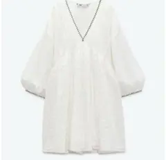 【ZARA】刺繍 ショートワンピース ホワイト M