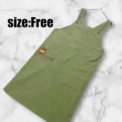 【ハンドメイド】エプロン 手作り ポケット付き コットン生地 刺繍入り カーキ