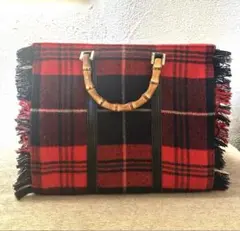 story. タータンチェック　トートバッグ　赤　バンブー
