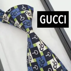 美品 グッチ ネクタイ シルク ホースビット チェック スクエアパターン ブルー