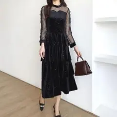 ティアードベロアワンピース S パーティドレス 黒 謝恩会 オケージョンドレス