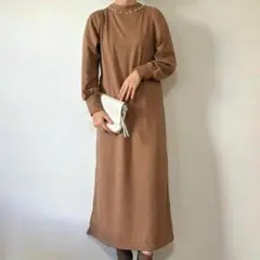 MUMU&Co. 長袖　ニット　ワンピース　ブラウン　スパンコール　パール　M
