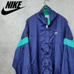 古着 90s ナイキ 刺繍 ナイロンジャケット ネイビー×グリーン XXL