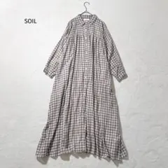SOILソイル　ギンガムチェックギャザーシャツワンピース　ロング　コットン　茶色のサムネイル