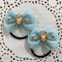 ハンドメイド ヘアゴム ブルー系リボン エンジェルハート a472
