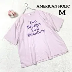 【アメリカンホリック】半袖Tシャツ (Ｍ) ピンク クルーネック 英字プリント