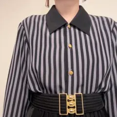 グレー×ブラック ストライプ レトロ クラシカル ブラウス 長袖のサムネイル