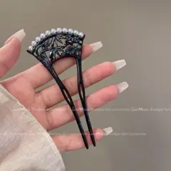 かんざし 髪飾り 扇型 竹と花 パール調 和装小物 約10cm