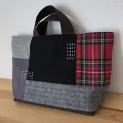 国産 ヘンリボーン柄ウールリネンと綿麻タータンチェックの布合わせバッグ　赤