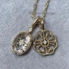 華の刻印モチーフの白水晶と透け模様モチーフのネックレス　アンティーク風