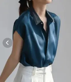 RyuRyuシャツブラウスMバイカラーブルー シアーシャツレディースのサムネイル