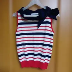 レトロ　ストライプノースリーブニットトップス