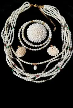 アコヤ真珠 ケシパール 7連ネックレス ブレスレット イヤリング ブローチd67