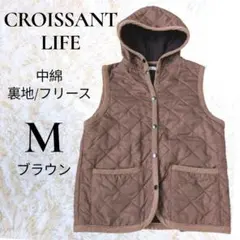 キルティング 中綿 フード付き ベスト 裏フリース ブラウン M