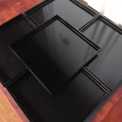 未使用品輪島塗黒漆器膳3枚セット家紋木瓜紋切手盆箱付漆器黒漆