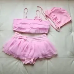 ピンク　フリル　水着　130-140cm　スイムキャップ付き◼️770