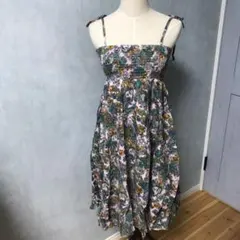 タグ付き【新品未使用】インド綿花柄ノースリーブ膝丈ワンピース肩紐キャミワンピgr