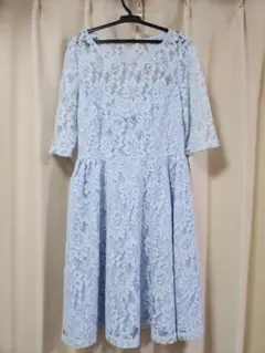 結婚式ドレス　水色レース　フレアワンピース　花柄　お呼ばれドレス