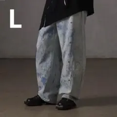 【GRANCY】ボタンデザイングラフィックワイドデニムパンツ　ライトブルー