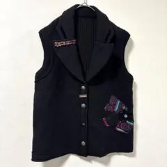 デザインベスト ジレ 刺繍 レトロ ウール混 ブラック M相当