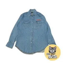 90s 古着 ラングラー 長袖シャツ 企業ロゴ デニム生地 L