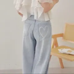 CHICO ハートプリントボックスワイドデニムパンツ スカイブルー