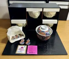 陶彩　蓋物碗揃　箸置五客セット　錦間取花紋　未使用品　共箱