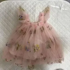 ピンク 花柄　蝶　刺繍 ドレス 90cm ワンピース　夏服　韓国服　姉妹　中古